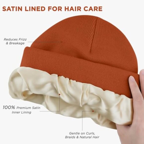 Satin Lined Beanie Set Double Layer Warm Winter Hats Unisex Chic main image 5